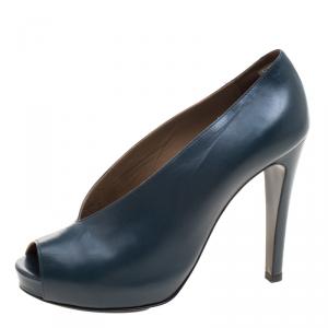 Hermes Blue Leather Peep Toe Platform Pumps Size 37.5