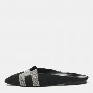 Pre Owned Hermes Black Suede Roxane  Mule Sandals Size 38