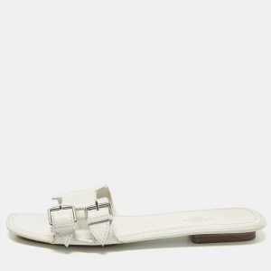 Pre Owned Hermes Oran Size 39 White Leather Flat Slide