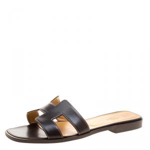 Hermes Dark Brown Leather Oran Box Sandals Size 38