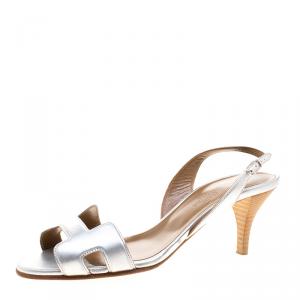 Hermes Metallic Silver Leather Night Slingback Sandals Size 36