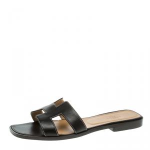 Hermes Brown Leather Oran Flat Sandals Size 38