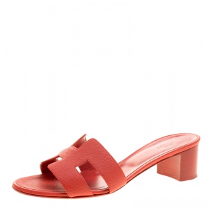 Hermes Orange Leather Oasis Slides Size 38.5 