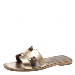 Hermes Metallic Bronze Leather Oran Flat Sandals Size 35