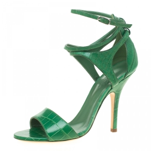 Hermes Green Crocodile Leather Cross Ankle Wrap Sandals Size 38