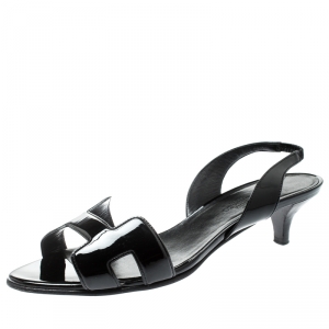 Hermes Black Patent Leather Ottomane Slingback Sandals Size 37