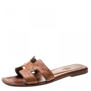 Hermes Brown Ostrich Leather Oran Sandals Size 37