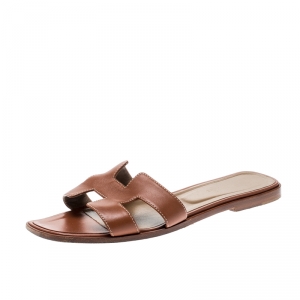 Hermes Brown Leather Oran Flat Sandals Size 40.5