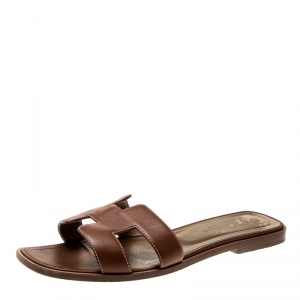 Hermes Brown Leather Oran Sandals Size 39