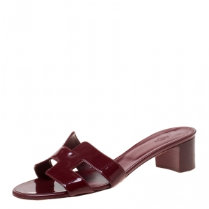 Hermes Burgundy Patent Leather Oasis Slip On Sandals 39.5