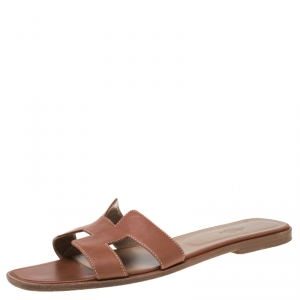 Hermes Brown Leather Oran Slip On Slides Size 41