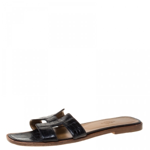 Hermes Black Crocodile Oran Flat Slides Size 39
