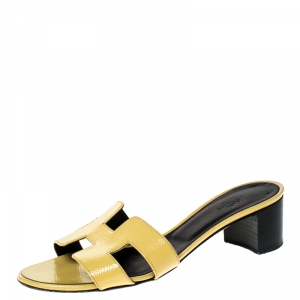 Hermes Yellow Patent Leather Oasis Slides Size 37