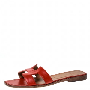 Hermes Red Leather Oran Slip On Slides Size 41