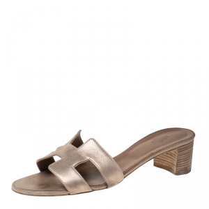 Hermes Beige Metallic Textured Nubuck Leather Oran Sandals Size 41