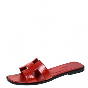 Hermes Red Patent Leather Oran Flat Slides Size 38.5
