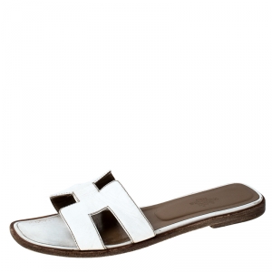 Hermes White Leather Oran Slide Sandals Size 37.5