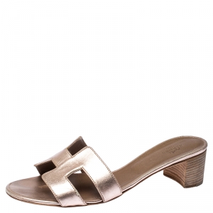 Hermes Metallic Bronze Leather Oasis Slide Sandals Size 39.5