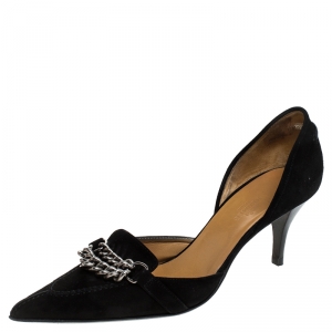 Hermes Black Suede Metal Chain Detail D'orsay Pumps Size 38.5