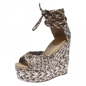 Hermes Multicolor Braided Leather And Raffia Platform Ankle Strap Wedge Sandals Size 38