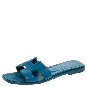Hermes Blue Leather Oran Flat Slides Size 37.5