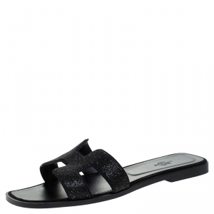 Hermes Black Glitter Leather Oran Flat Slides Size 41