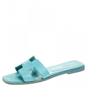 Hermes Blue Leather Oran Flat Slides Size 39