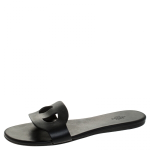 Hermes Black Leather Lisboa Flat Slides Size 39