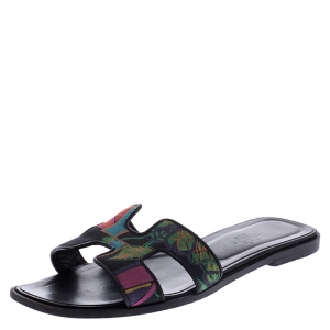 Hermes Multicolor Modernisme Tropical Print Canvas Oran Flat Slides Size 39