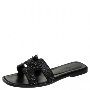 Hermes Black Crystal Embellished Oran Flat Slides Size 38