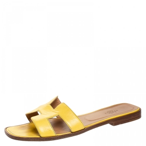 Hermes Yellow Leather Oran Slip On Slides Size 39