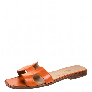 Hermes Orange Leather Oran Flat Slides Size 39