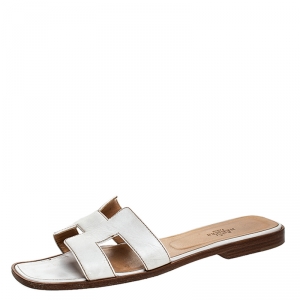 Hermes White Leather Oran Slide Sandals Size 39