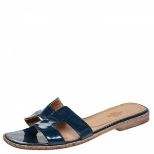 Hermes Blue Patent Leather Oran Flat Slides Size 36.5
