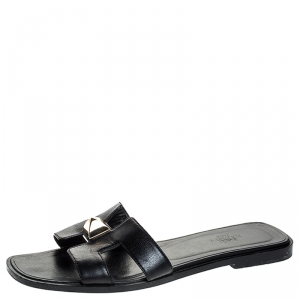 Hermes Black Leather Medor Pyramid Oran Flat Slides Size 36.5