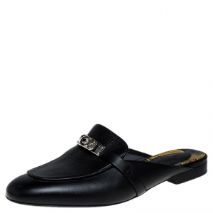 Hermes Black Calfskin Leather Palladium Plated Oz Mules Size 36.5