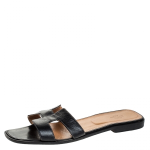Hermes Black Leather Oran Flat Slides Size 42