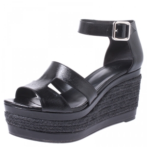 Hermes Black Textured Patent Leather Ilana Espadrille Wedges Sandals Size 40