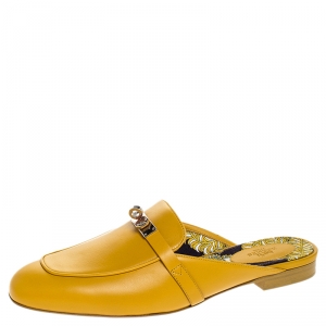 Hermes Mustard Calfskin Leather Palladium Plated Oz Mules Size 41