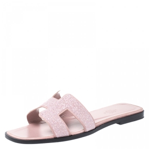 Hermes Blush Pink Crystal Suede Oran Flat Slides Size 38