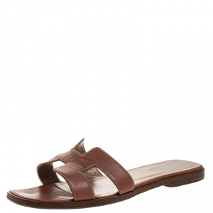 Hermes Brown Leather Oran Flat Slides Size 38