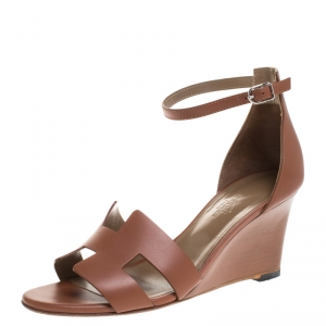 Hermes Brown Leather Legend Wedge Ankle Strap Sandals Size 38.5