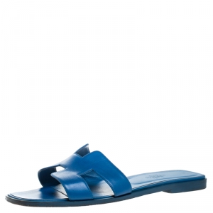 Hermes Blue Leather Oran Flat Slides Size 39