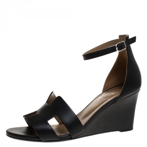 Hermes Black Leather Legend Wedge Ankle Strap Sandals Size 38
