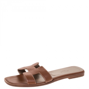 Hermes Brown Leather Oran Flat Slides Size 38.5