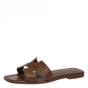 Hermes Brown Leather Oran Slide Flats Size 38