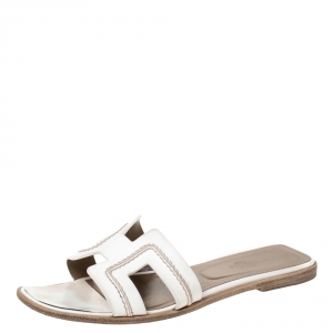 Hermes White Stitch Detail Leather Oran Slides Flats Size 41