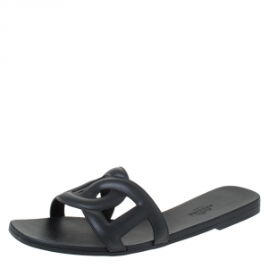 Hermes Black Rubber Aloha Flat Sandals Size 39