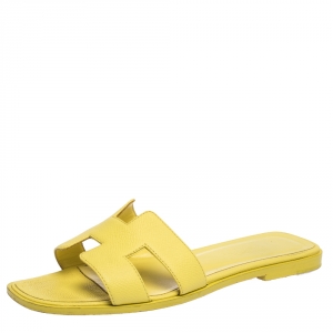 Hermes Yellow Leather Oran Flat Slides Size 37