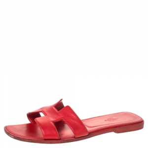 Hermes Red Leather Oran Slide Flats Size 39